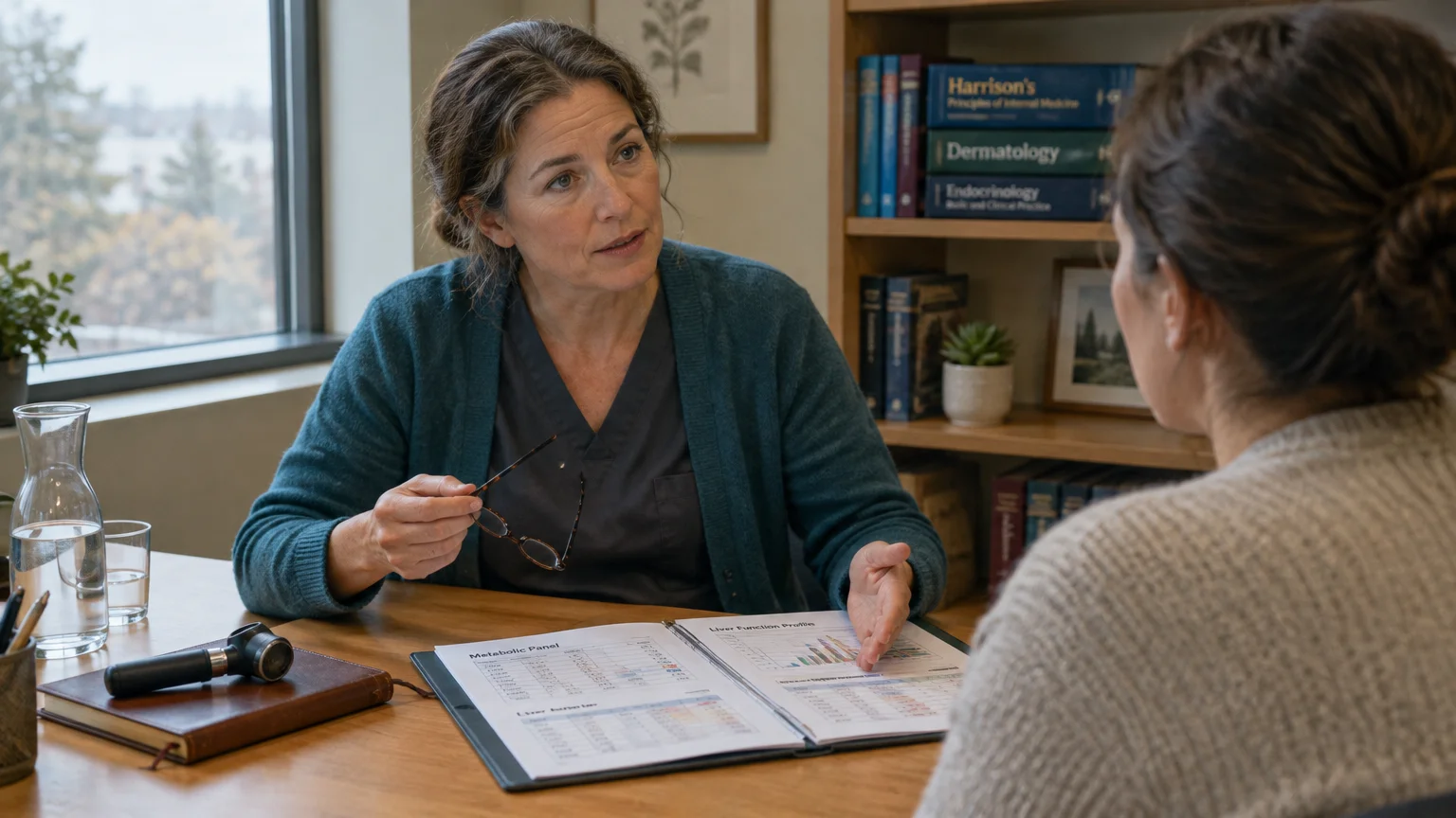 Doctor seated at a desk reviewing a metabolic panel chart while speaking to a patient across from her.