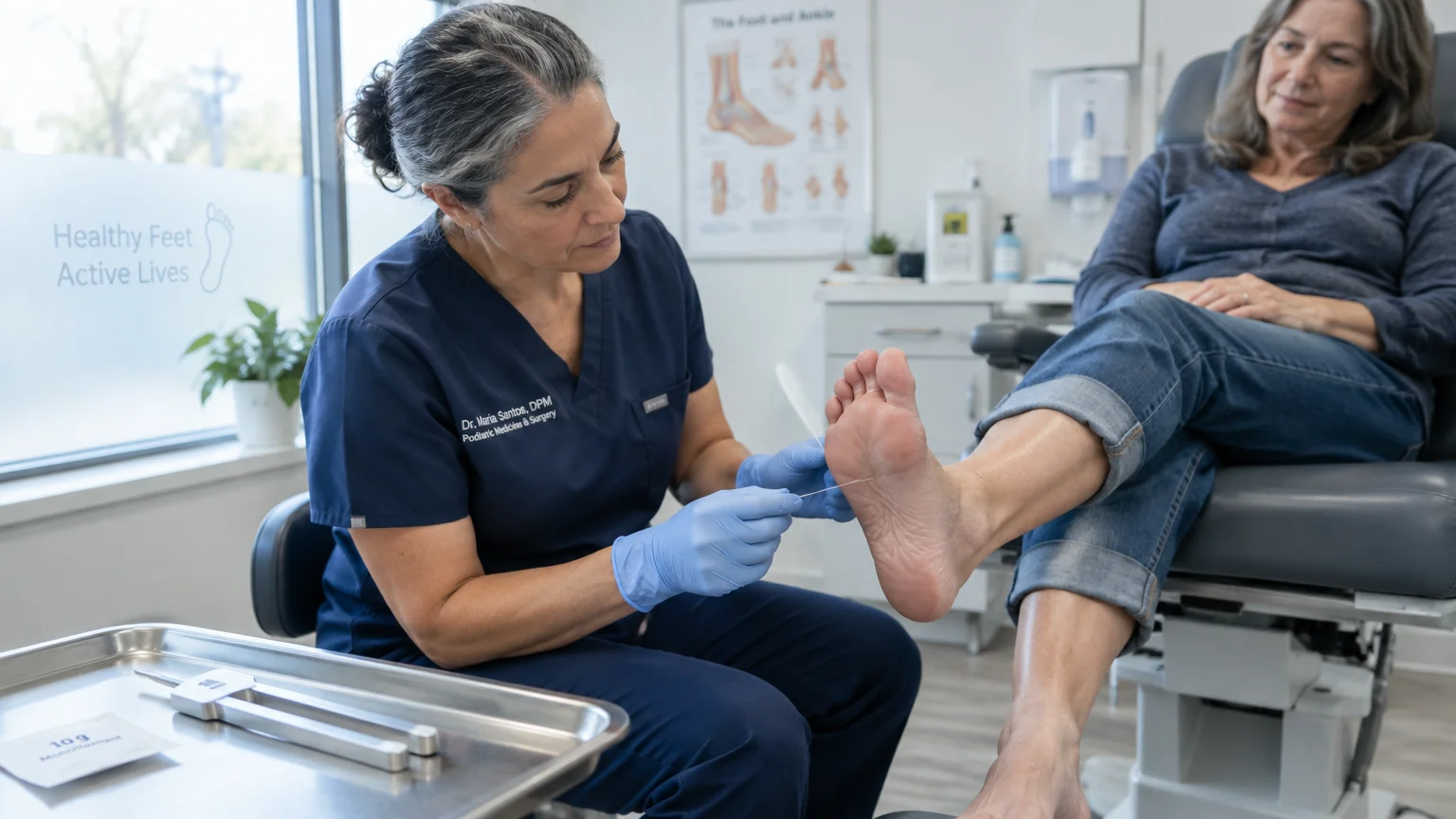 A podiatrist in blue scrubs uses a monofilament to test the sensation on the sole of a patient's foot.