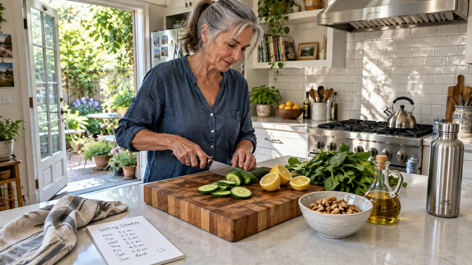 Older woman slicing cucumber on a wooden cutting board in a bright kitchen with fresh greens, walnuts, and olive oil nearby.
