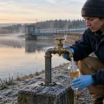 A water quality worker in blue gloves collects a sample from an outdoor brass faucet beside a lake at sunrise.