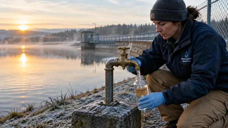 A water quality worker in blue gloves collects a sample from an outdoor brass faucet beside a lake at sunrise.