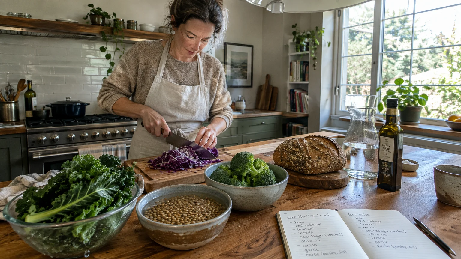 A woman in an apron chops red cabbage on a wooden counter surrounded by kale, broccoli, lentils, and bread.