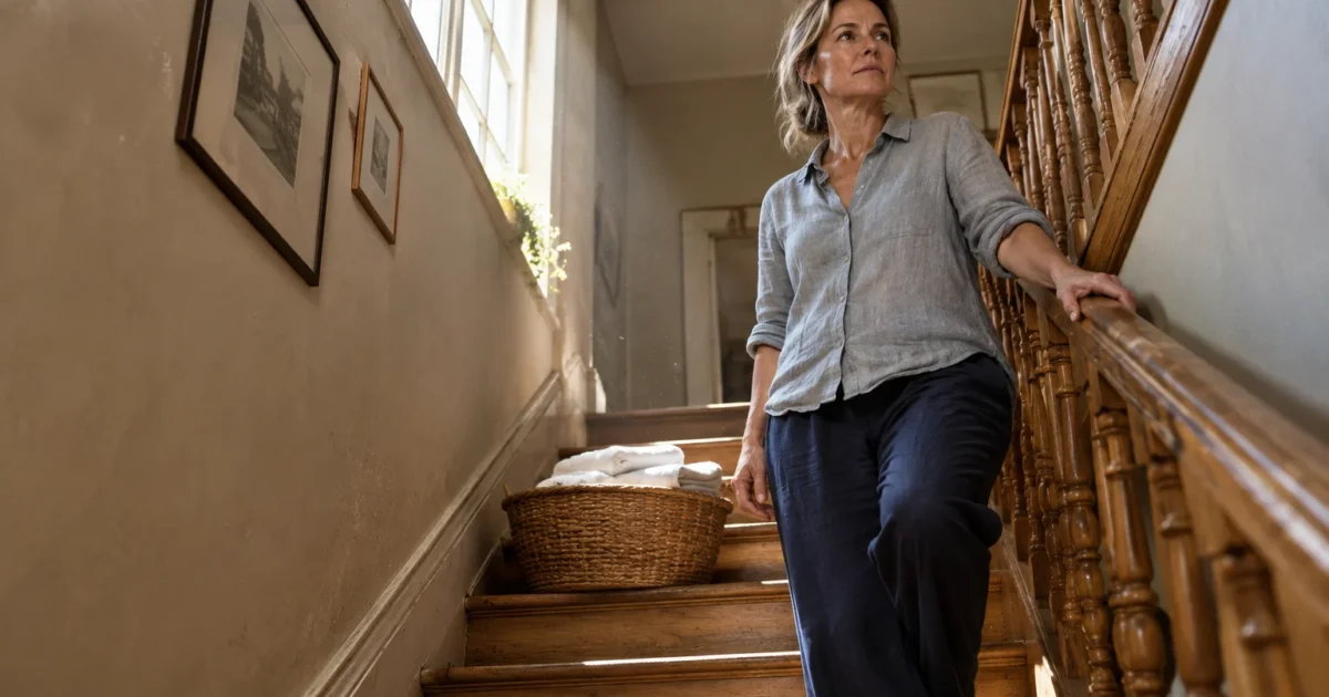 A woman pauses while walking down wooden stairs next to a woven laundry basket.