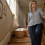 A woman pauses while walking down wooden stairs next to a woven laundry basket.