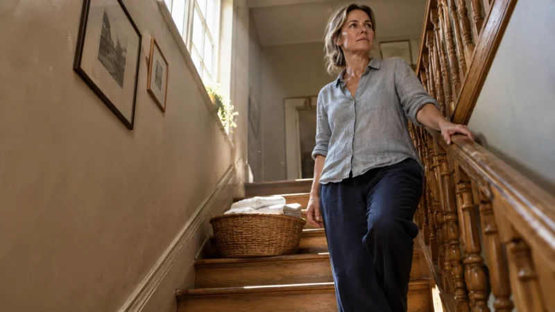A woman pauses while walking down wooden stairs next to a woven laundry basket.
