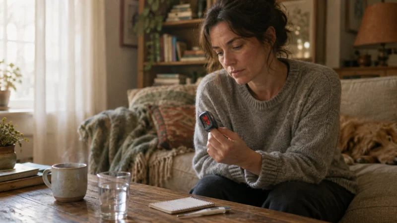 A woman sitting on a living room sofa checks a pulse oximeter on her finger beside a table with a thermometer.