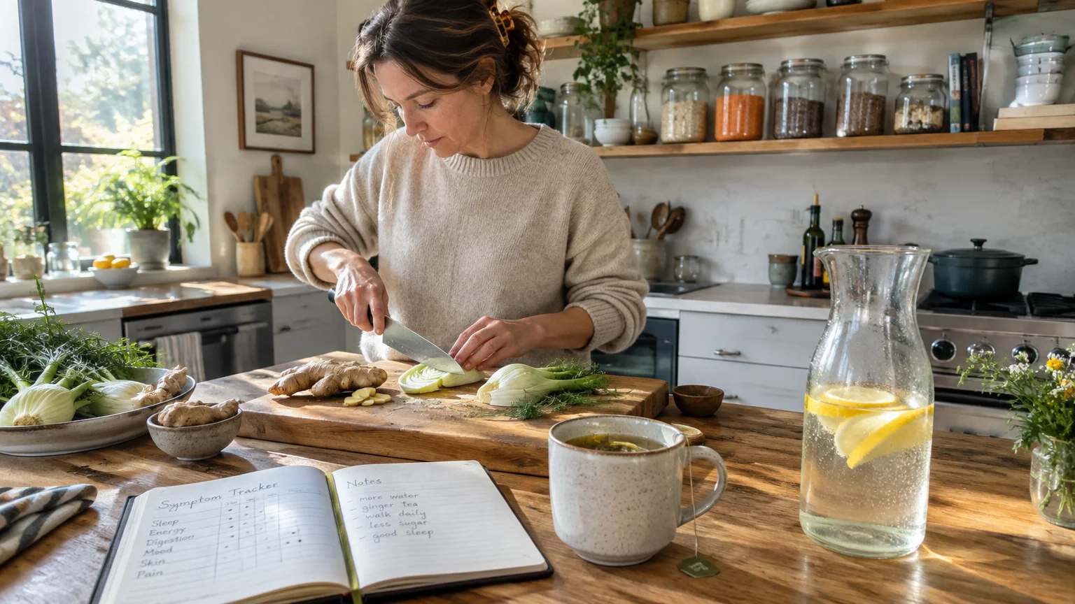 A woman chops fennel on a wooden island near an open symptom tracker notebook, tea mug, and lemon water carafe.