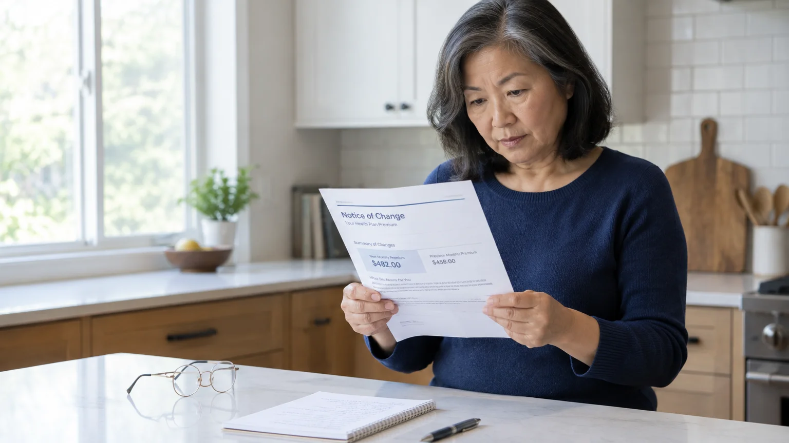 A woman sits in a kitchen reading a Notice of Change health plan premium letter, with glasses on the counter.