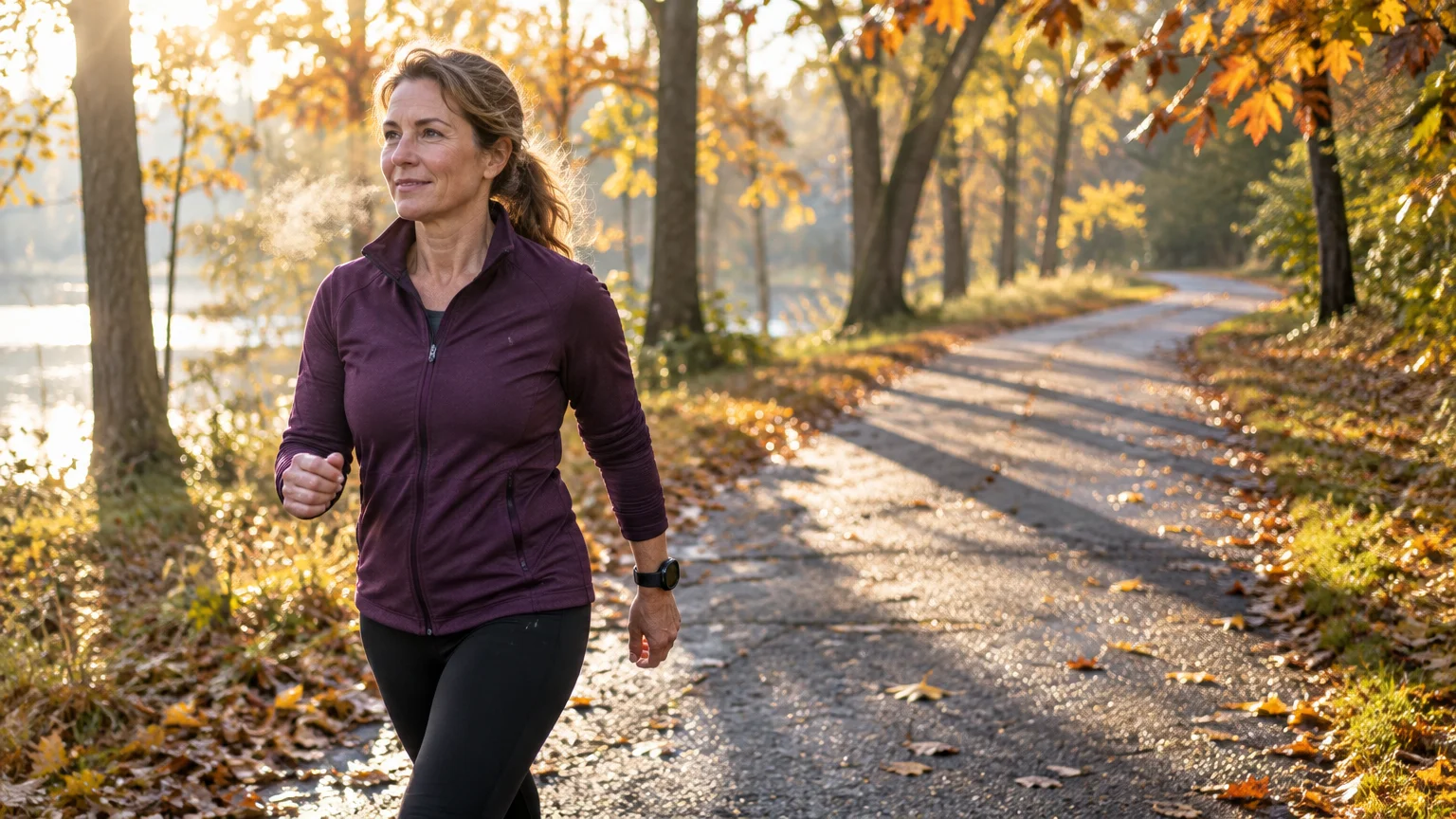 Smiling woman walking along a paved autumn park path lined with sunlit trees and fallen leaves.