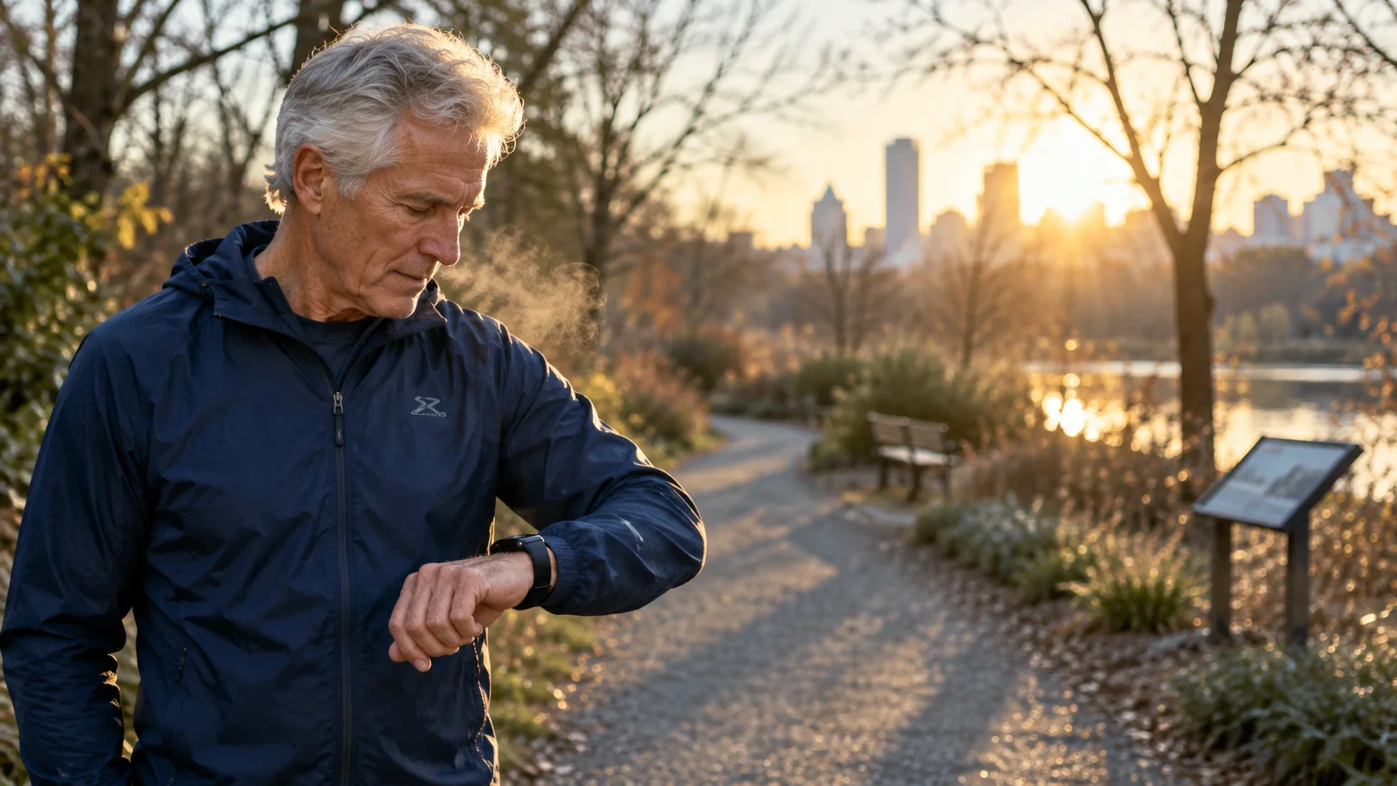Older man in a navy jacket checks his smartwatch on a park path at sunrise with a city skyline behind him.