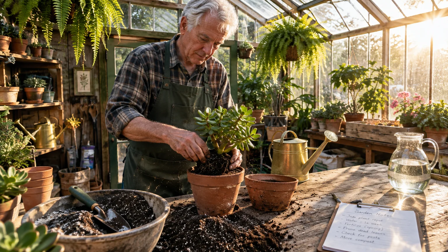 Senior man in an apron repotting a succulent plant on a wooden workbench inside a sunlit greenhouse.