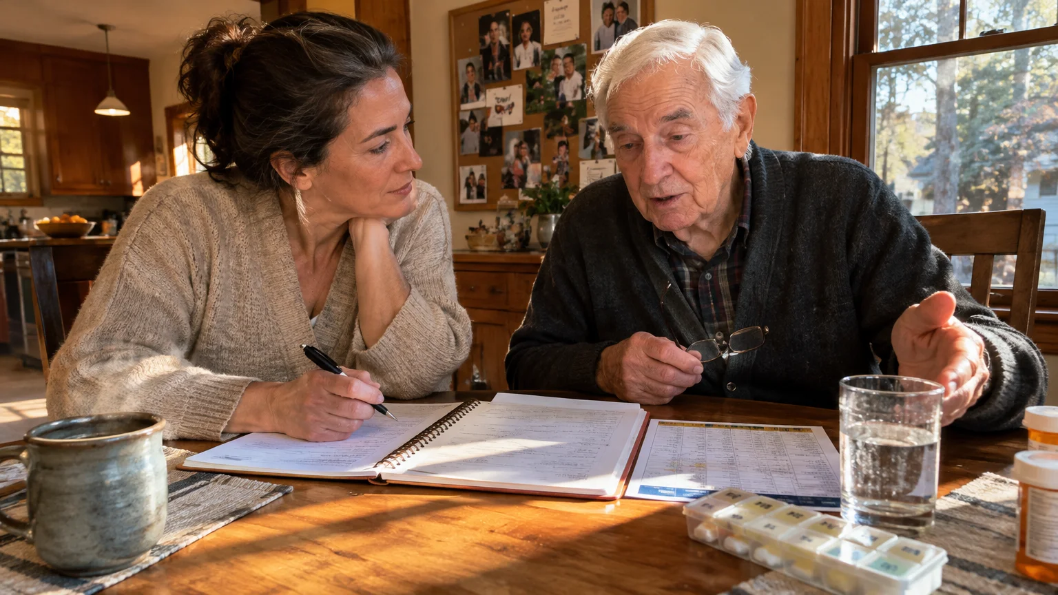A woman and an elderly man sit at a dining table reviewing medical charts, medication organizers, and pill bottles.