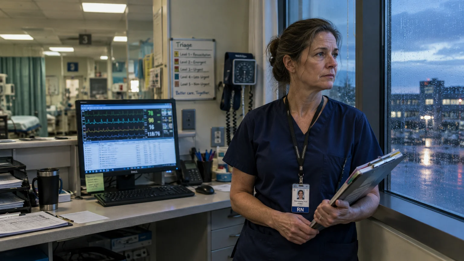 A nurse in blue scrubs holds a chart while looking out a rainy hospital window next to a vital signs monitor.