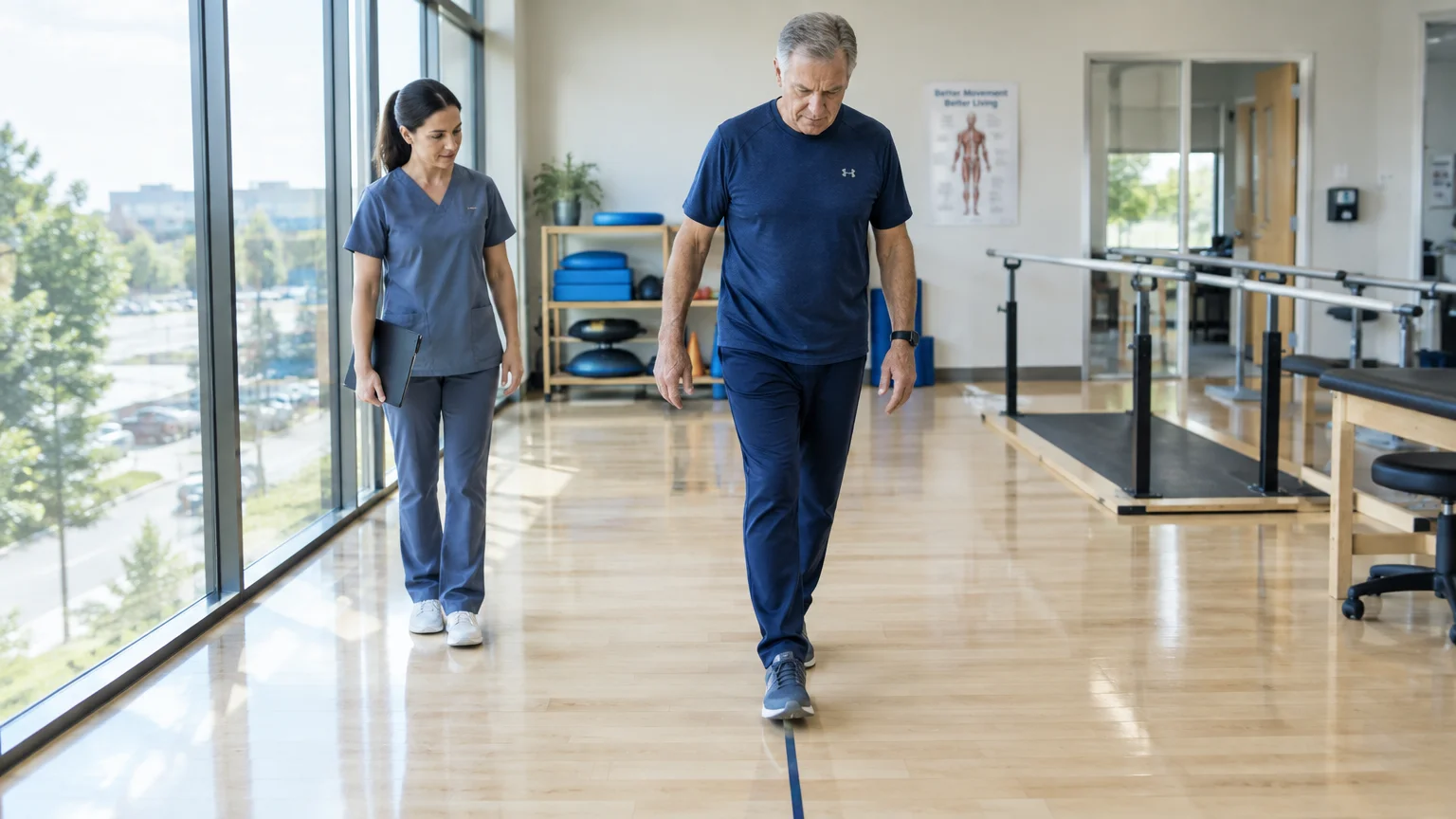 A physical therapist walks beside a senior man as he practices walking along a straight tape line in a bright clinic.
