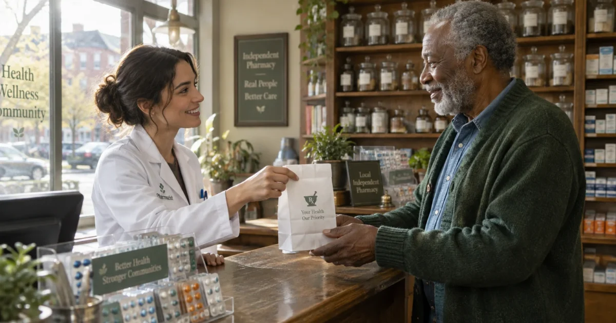 A smiling pharmacist in a white coat hands a prescription paper bag to an older man across a wooden pharmacy counter.