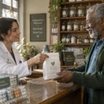 A smiling pharmacist in a white coat hands a prescription paper bag to an older man across a wooden pharmacy counter.