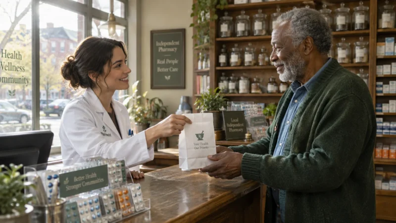 A smiling pharmacist in a white coat hands a prescription paper bag to an older man across a wooden pharmacy counter.