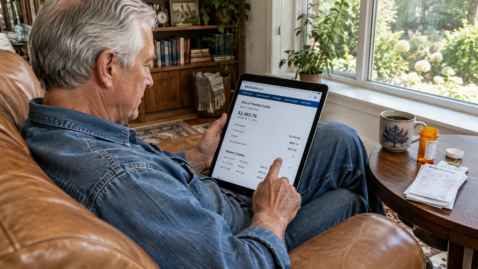 Older man in an armchair reviewing out-of-pocket costs on a tablet next to a pill bottle and receipts.