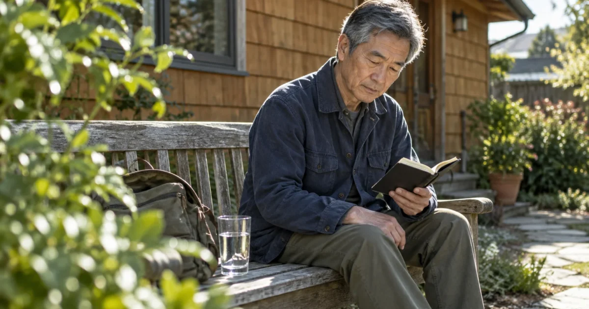 A mature man sitting on a wooden garden bench outdoors, reading a small book with a glass of water beside him.