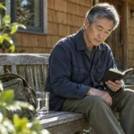 A mature man sitting on a wooden garden bench outdoors, reading a small book with a glass of water beside him.