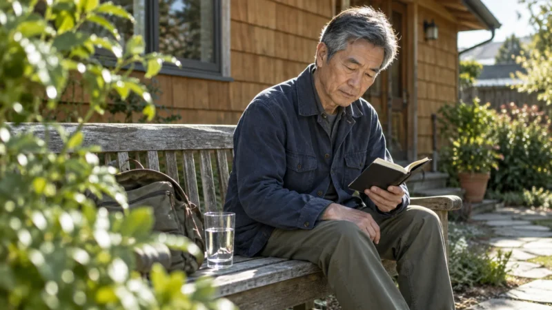 A mature man sitting on a wooden garden bench outdoors, reading a small book with a glass of water beside him.