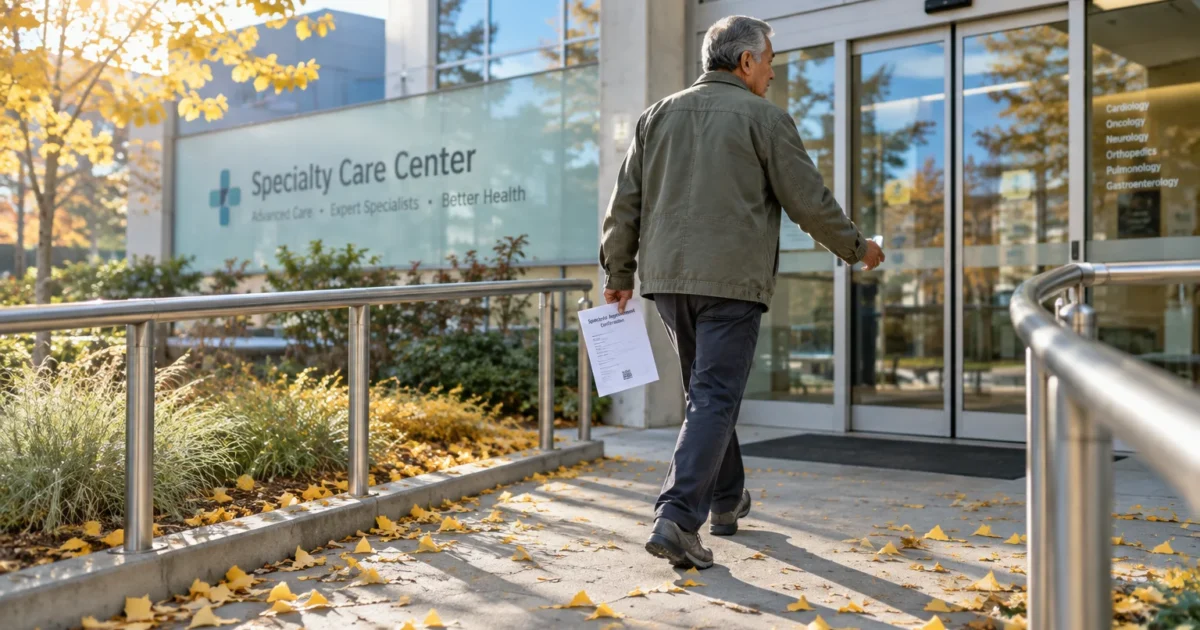 Older man holding paperwork walks up a ramp toward the entrance of a medical building labeled Specialty Care Center.