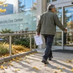 Older man holding paperwork walks up a ramp toward the entrance of a medical building labeled Specialty Care Center.
