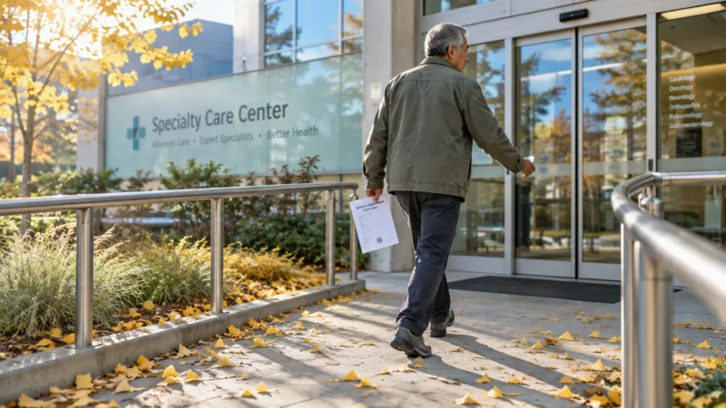 Older man holding paperwork walks up a ramp toward the entrance of a medical building labeled Specialty Care Center.