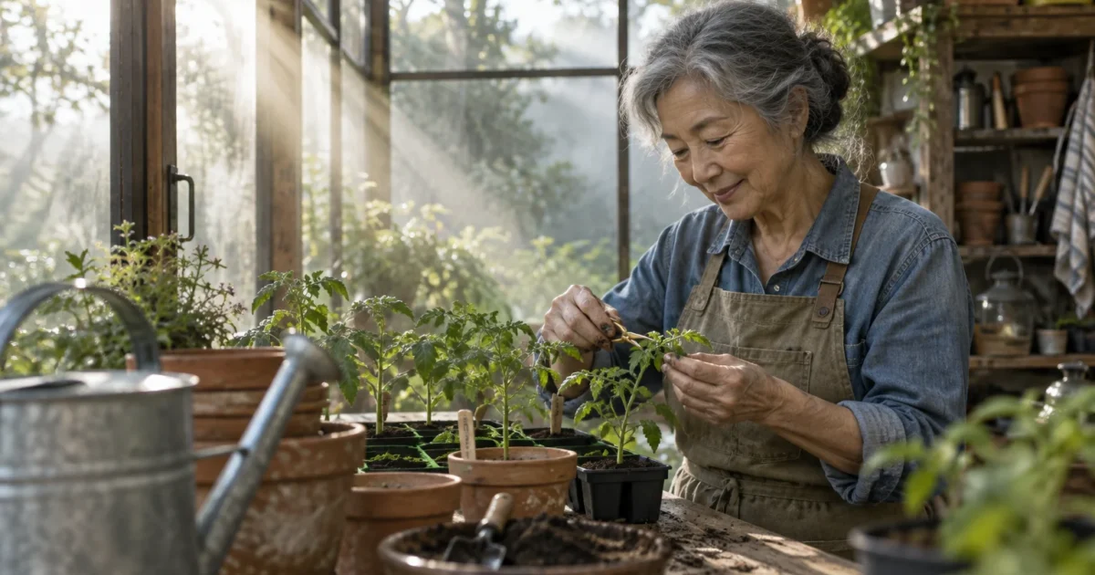 Older woman with gray hair smiling while tending to potted green seedlings in a sunlit rustic greenhouse.
