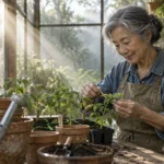 Older woman with gray hair smiling while tending to potted green seedlings in a sunlit rustic greenhouse.