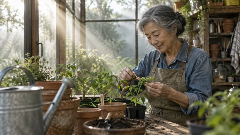 Older woman with gray hair smiling while tending to potted green seedlings in a sunlit rustic greenhouse.
