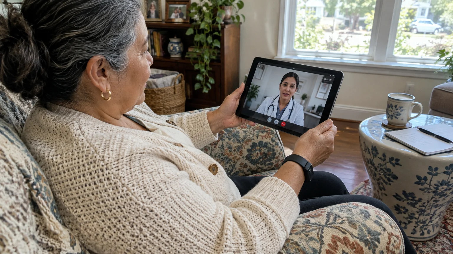 An older woman sits on an armchair holding a tablet during a video call with a female doctor.