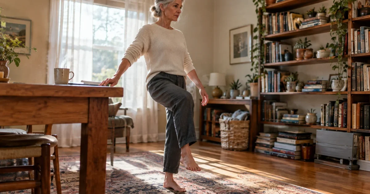 Mature woman balancing on one foot while lightly touching a wooden table in a sunlit living room with bookshelves.