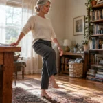 Mature woman balancing on one foot while lightly touching a wooden table in a sunlit living room with bookshelves.