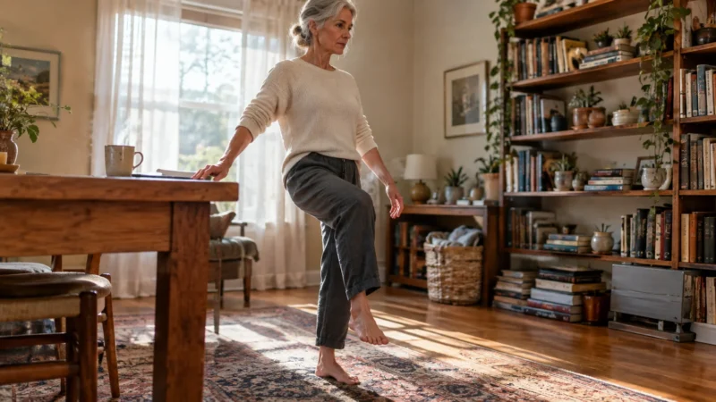 Mature woman balancing on one foot while lightly touching a wooden table in a sunlit living room with bookshelves.