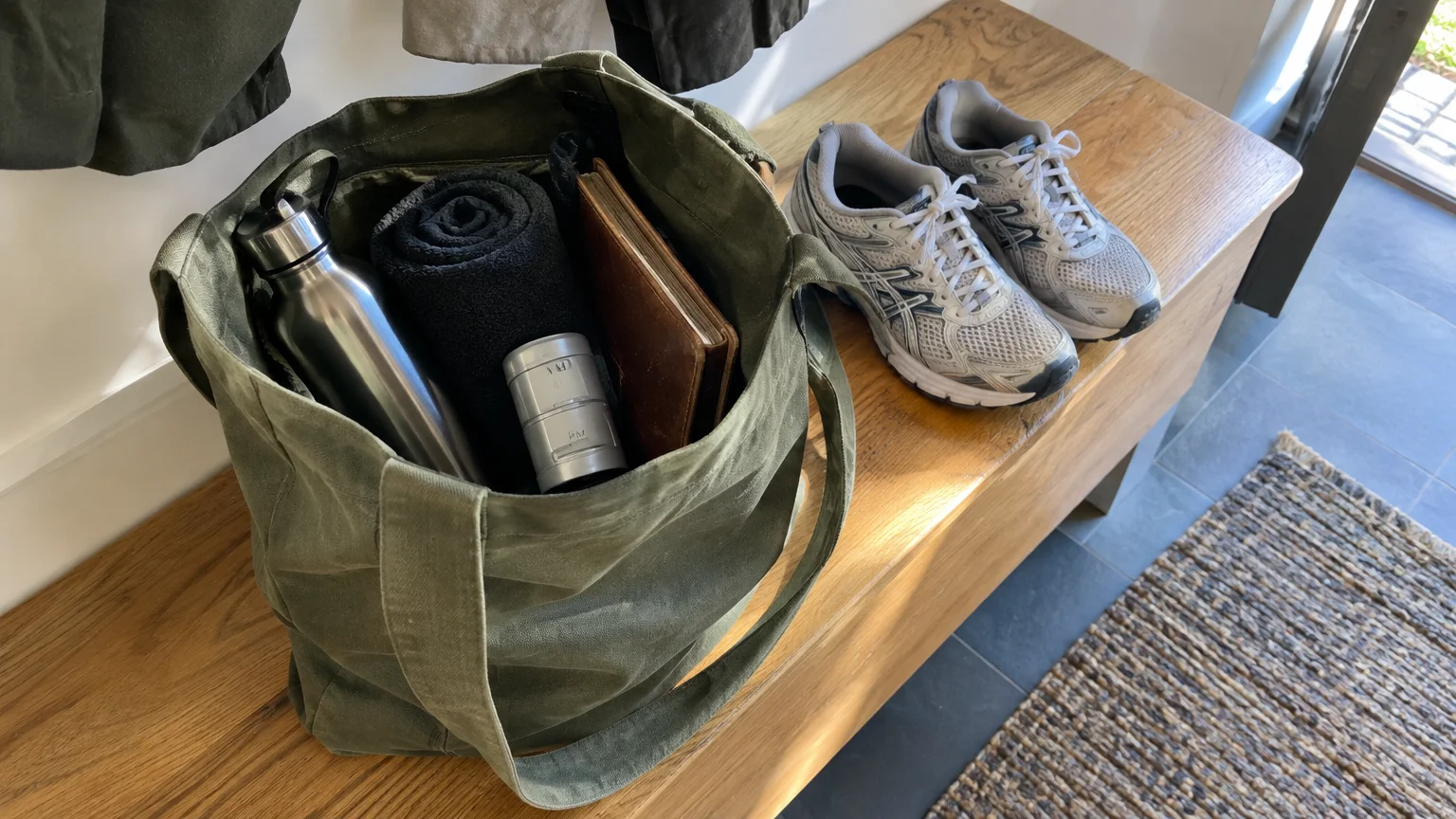 Green tote bag packed with a water bottle, towel, and pill container on a wooden bench beside running shoes.