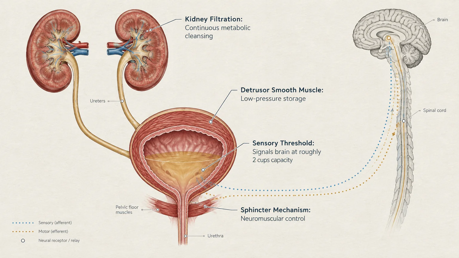 Medical diagram detailing kidneys, ureters, bladder, urethra, and neural pathways connecting to the spinal cord and brain.