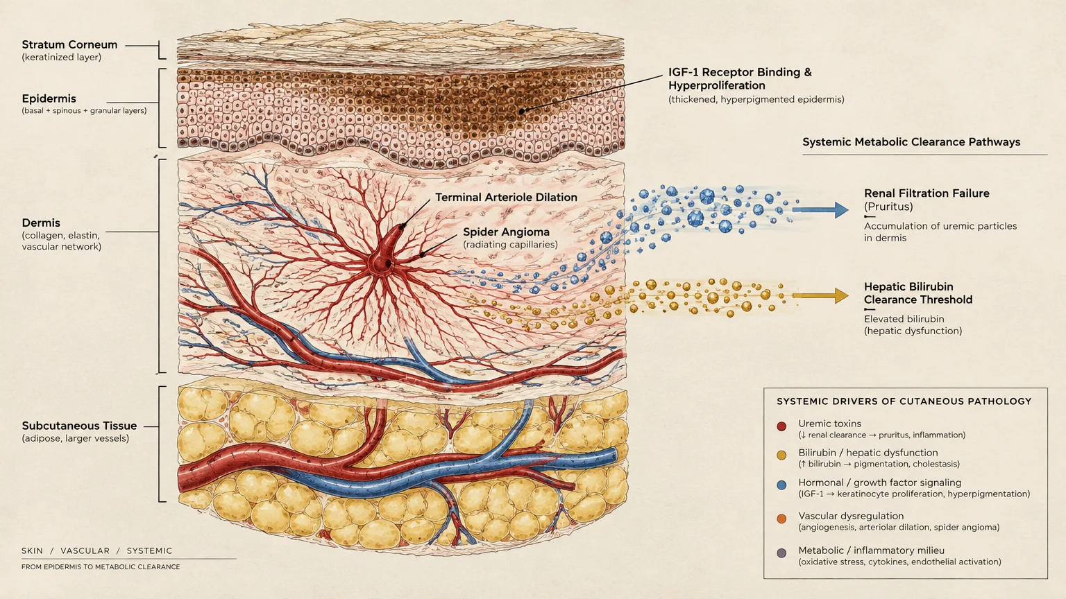 Diagram of skin layers detailing blood vessels, cellular structures, and systemic metabolic clearance pathways.