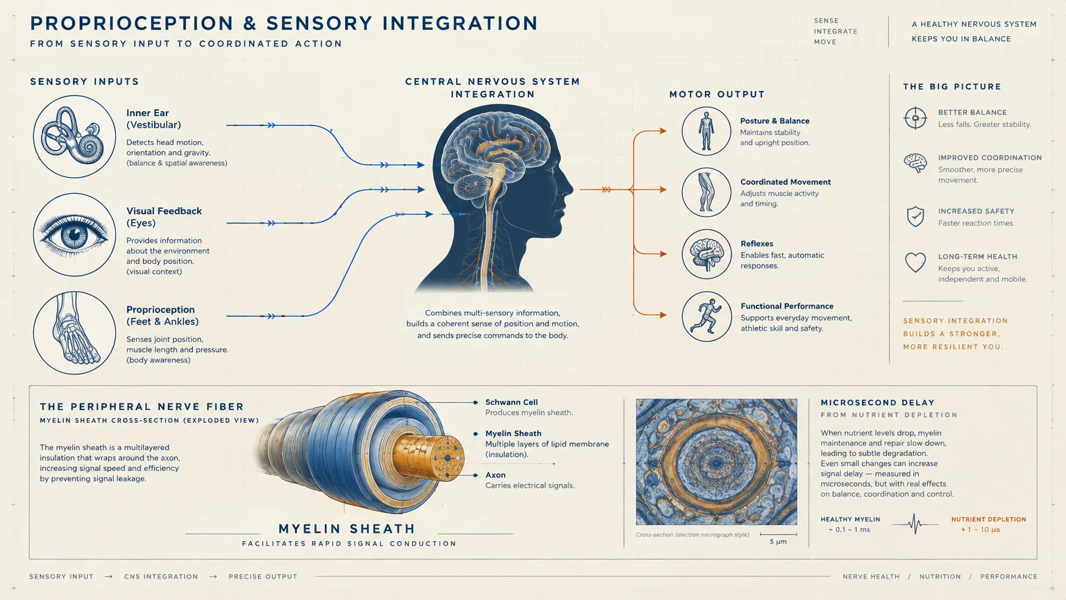 Medical diagram detailing sensory inputs from the inner ear, eye, and foot traveling to the brain and peripheral nerve fibers.