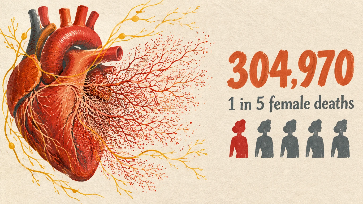 Illustration of an anatomical heart alongside text reading 304,970 and 1 in 5 female deaths with five woman silhouettes.