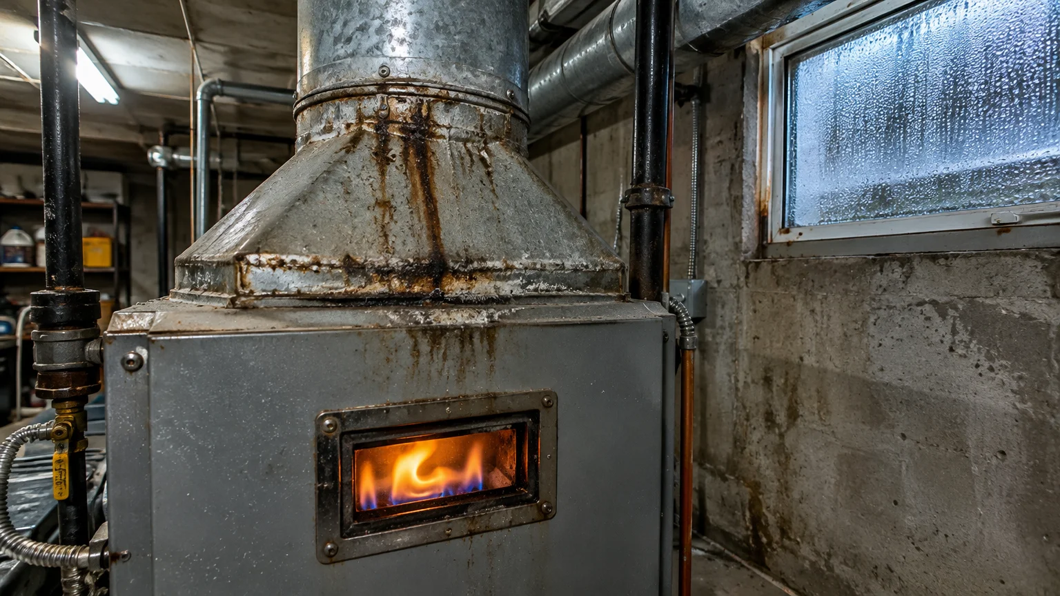 Metal basement furnace with an orange and blue flame visible in the window and rust stains dripping down the vent pipe.