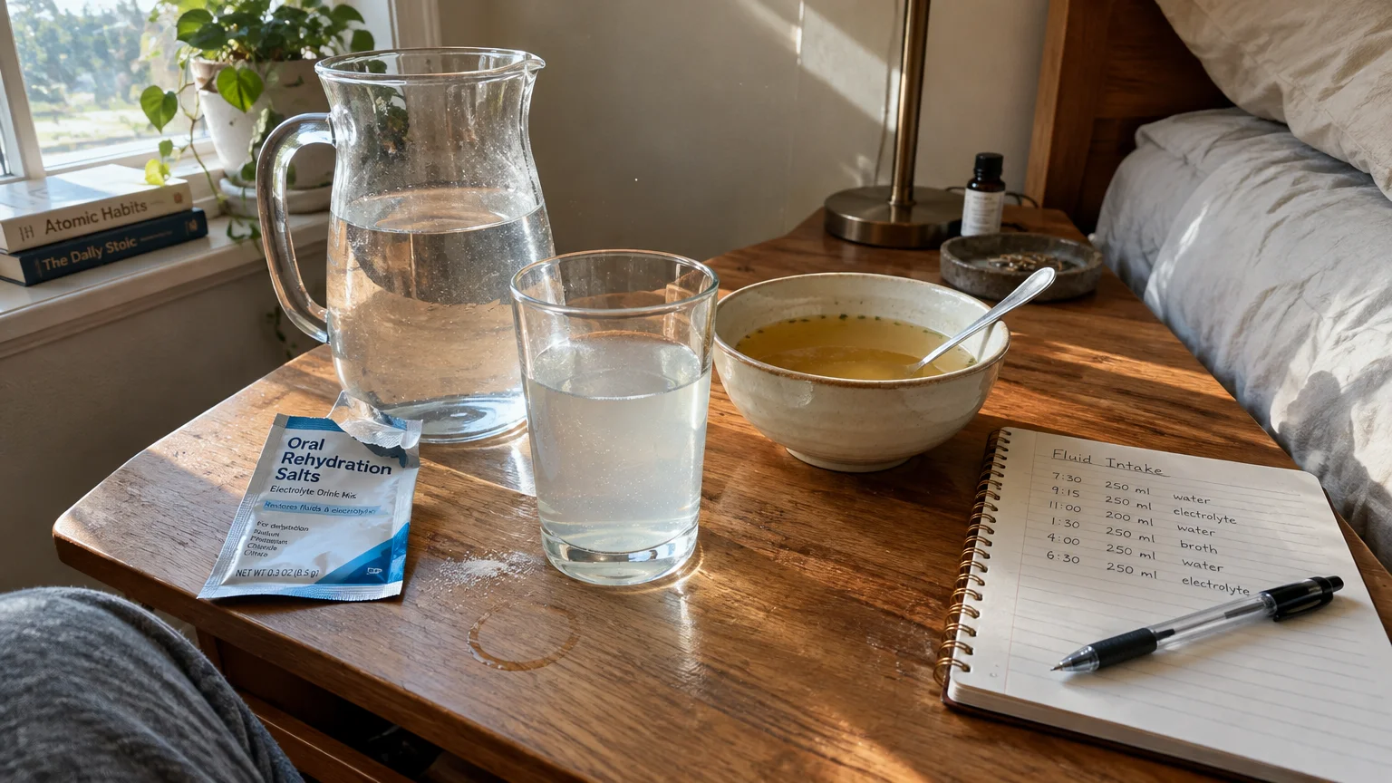 Nightstand with a water pitcher, mixed electrolyte glass, oral rehydration packet, broth bowl, and fluid intake log.