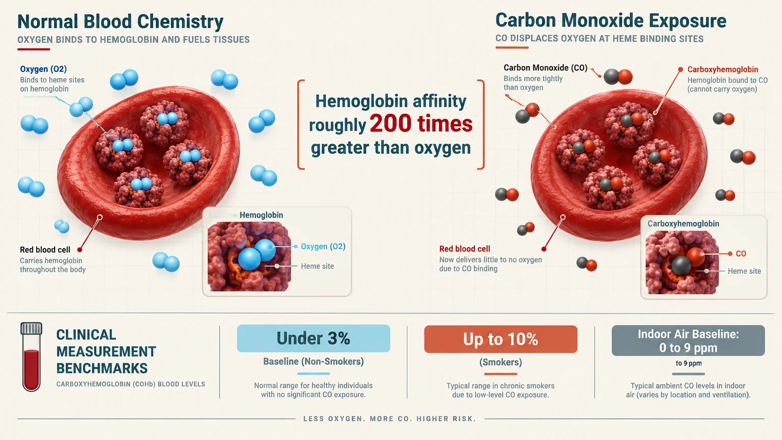 Medical diagram comparing normal blood chemistry to carbon monoxide exposure displacing oxygen in red blood cells.