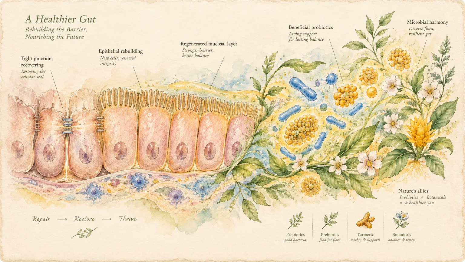 Diagram of intestinal epithelial cells, mucosal layer, and surrounding flora illustrating gut barrier rebuilding.
