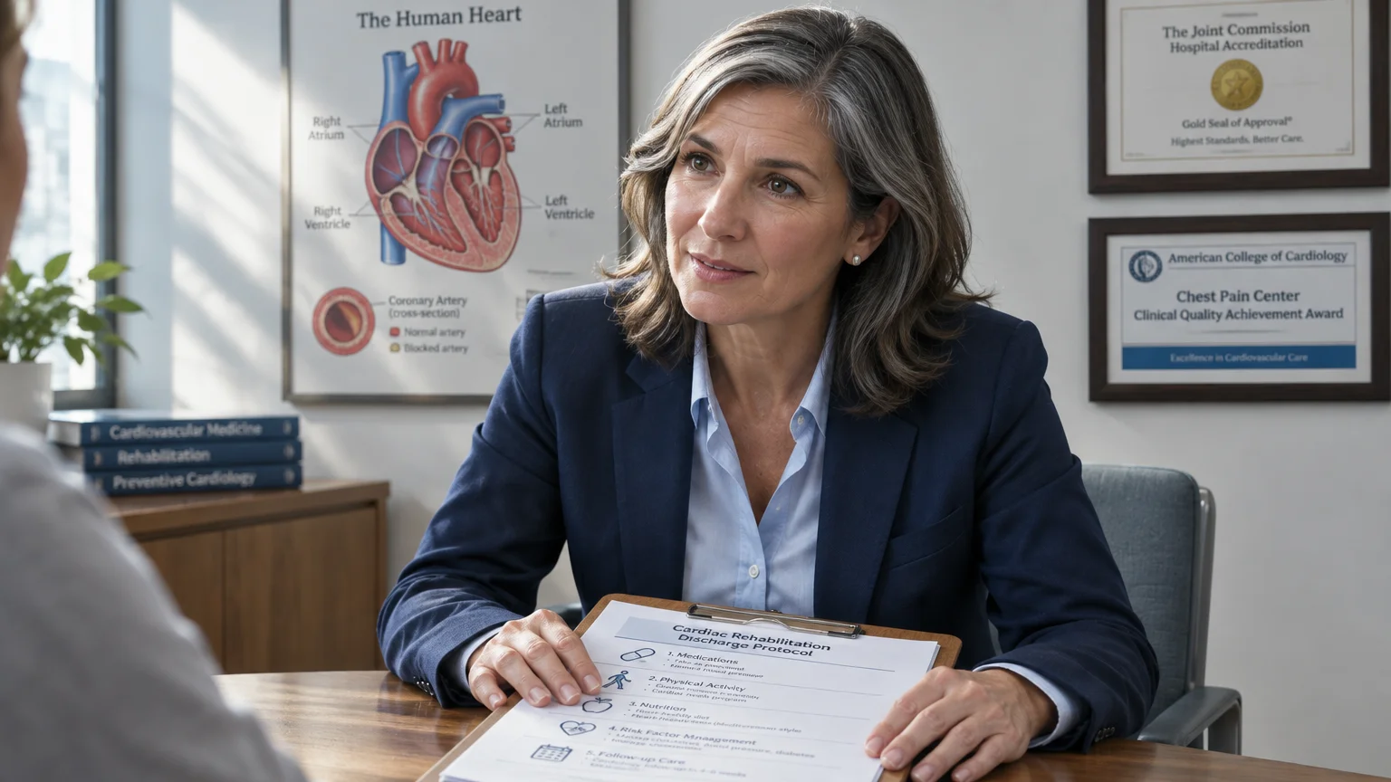 A doctor in a blue blazer holds a cardiac rehabilitation discharge clipboard while speaking with a patient.