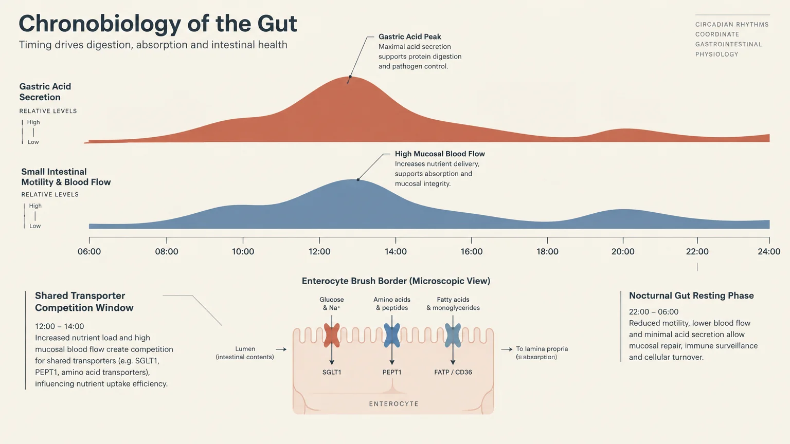 Diagram of gut chronobiology showing 24-hour curves for gastric acid secretion and small intestinal blood flow.