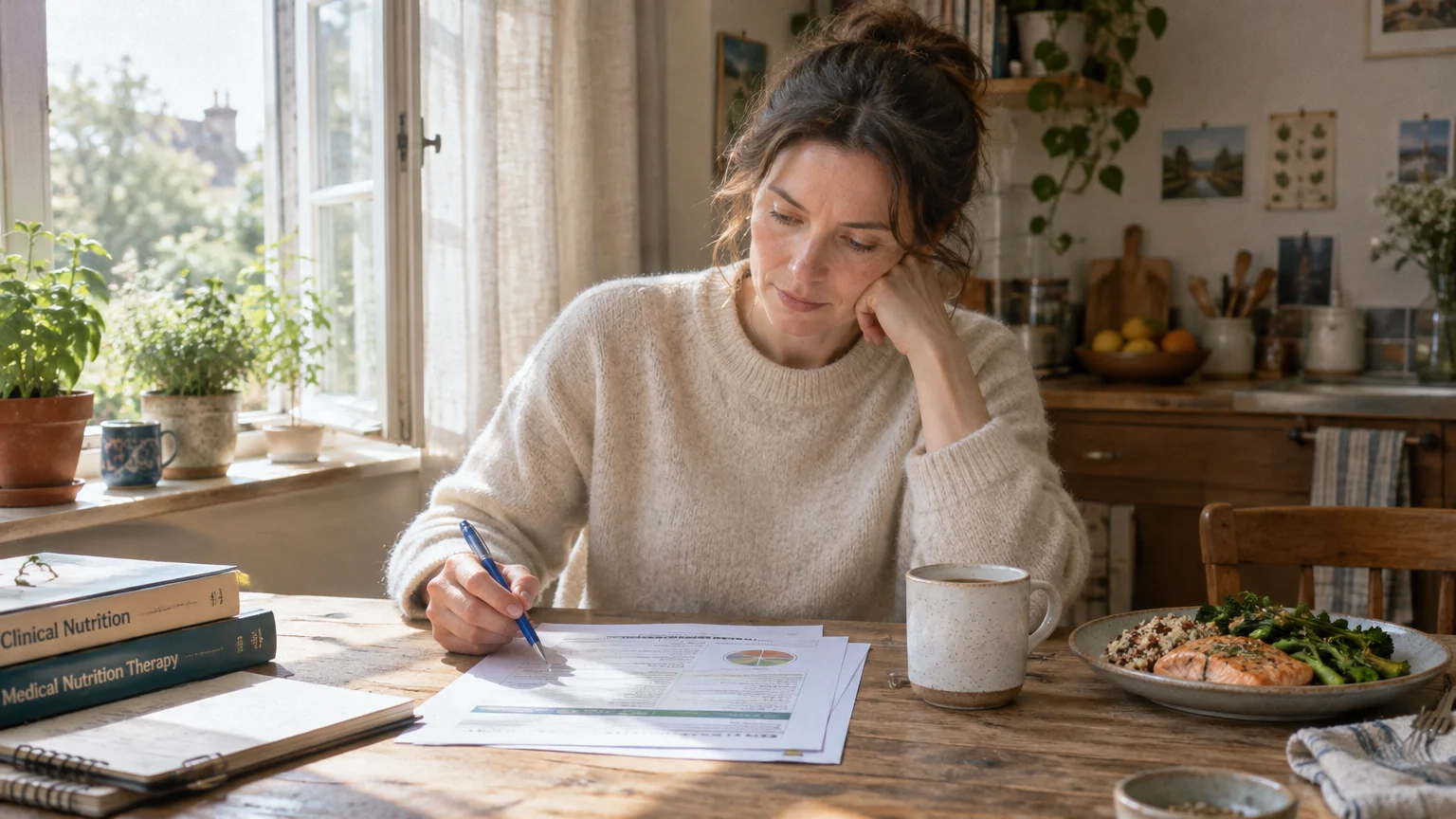 A woman sitting at a rustic wooden table reviews nutrition papers with a pen beside a salmon meal and coffee mug.