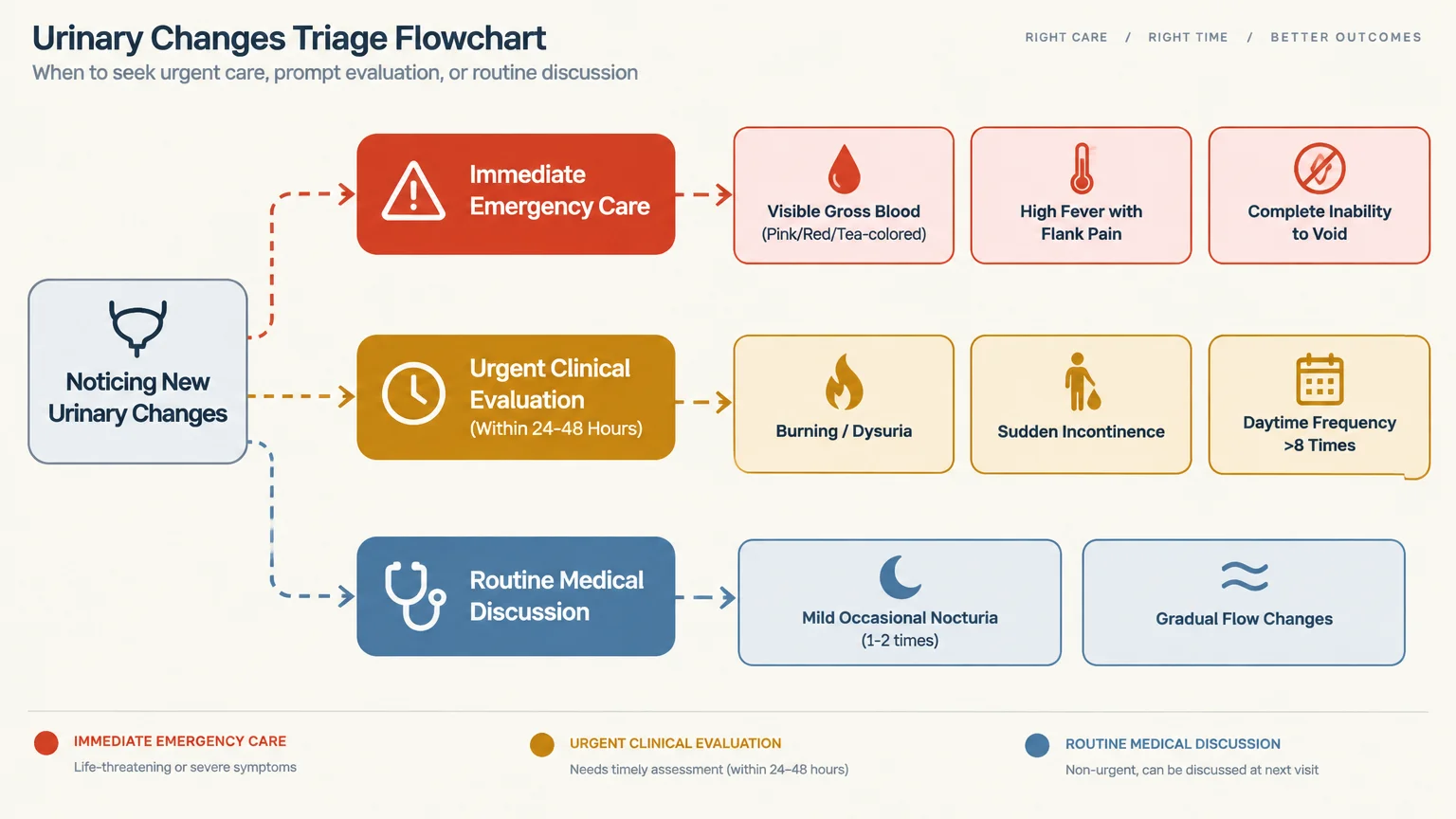 Diagram triage flowchart categorizing urinary symptoms into immediate emergency care, urgent evaluation, and routine discussion.