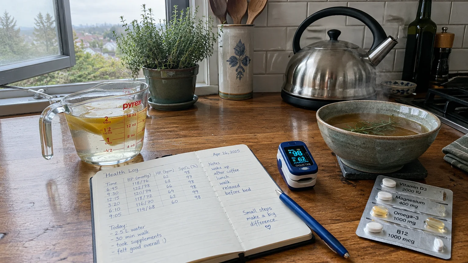 A handwritten health log on a kitchen counter next to a pulse oximeter, blister pack of vitamins, broth, and water.