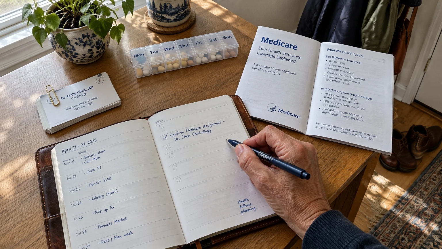 Person writing a checklist note in a planner beside a Medicare booklet, pill organizer, and doctor's business card.